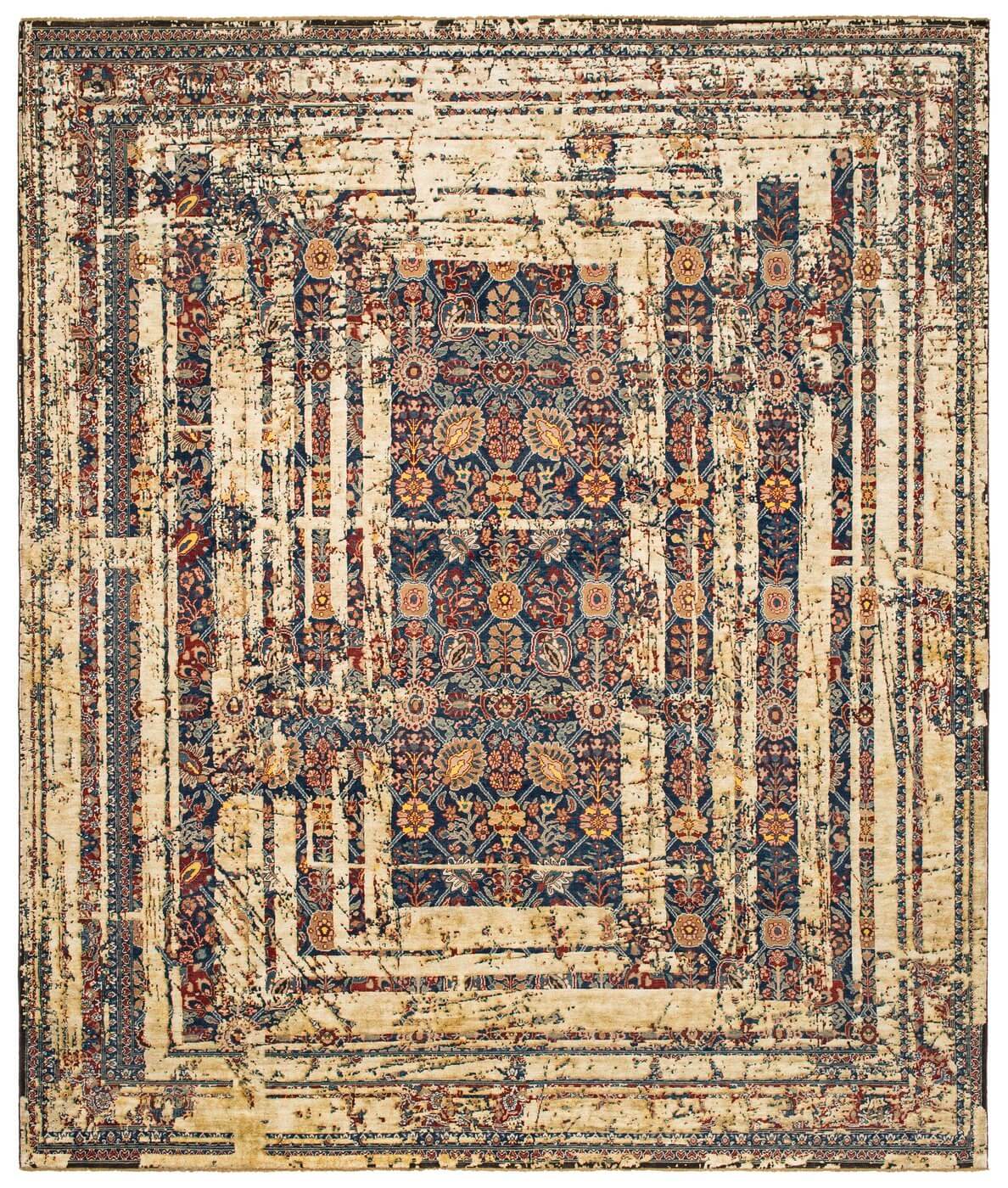Tappeto Tabriz Cornice Navy Bianco Sporco Seta