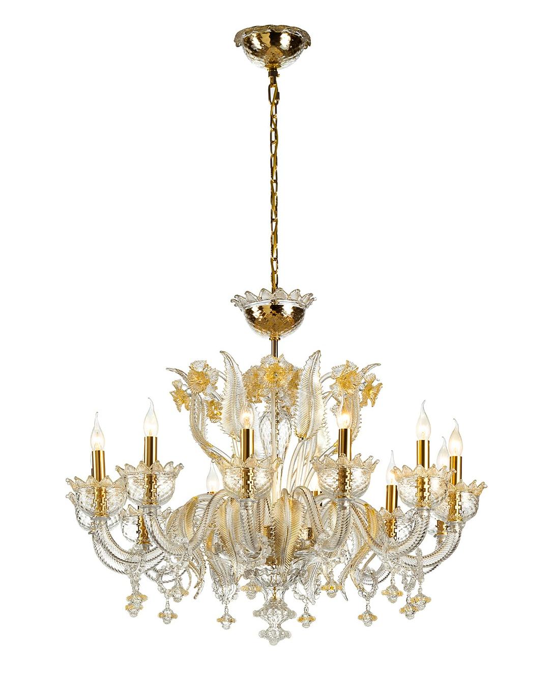 Lampadario Murano in Vetro Trasparente e Oro