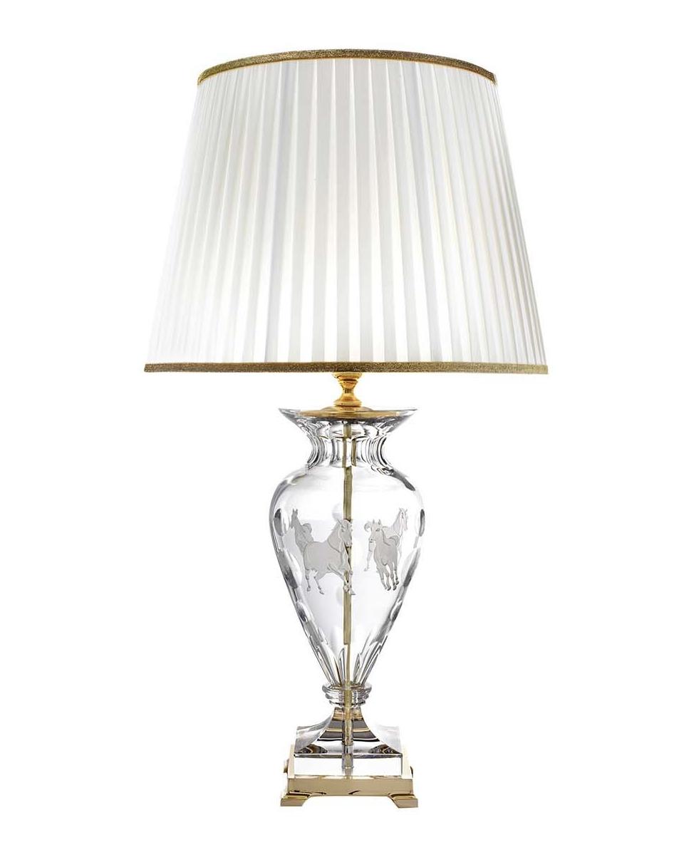 Lampada da Tavolo in Oro Lucido con Cristallo a Cavallo Inciso