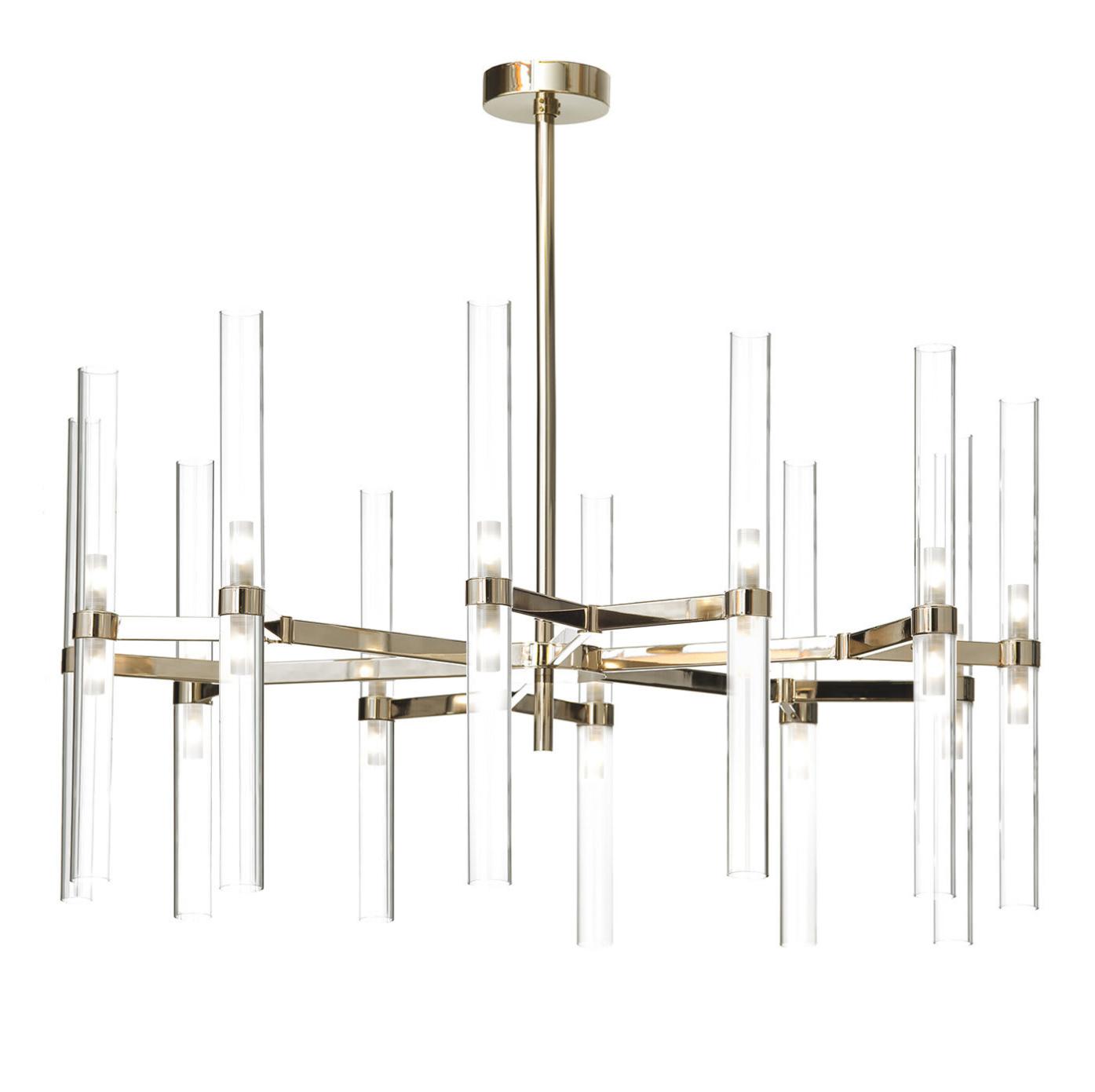 Lampadario a 24 Luci con Cilindri in Vetro con Finitura Oro Soft