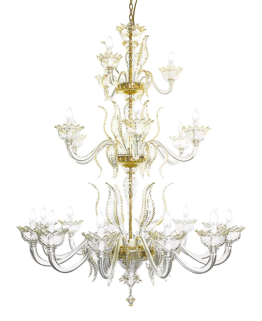 Lampadario Murano in Oro a 21 Luci su più Livelli