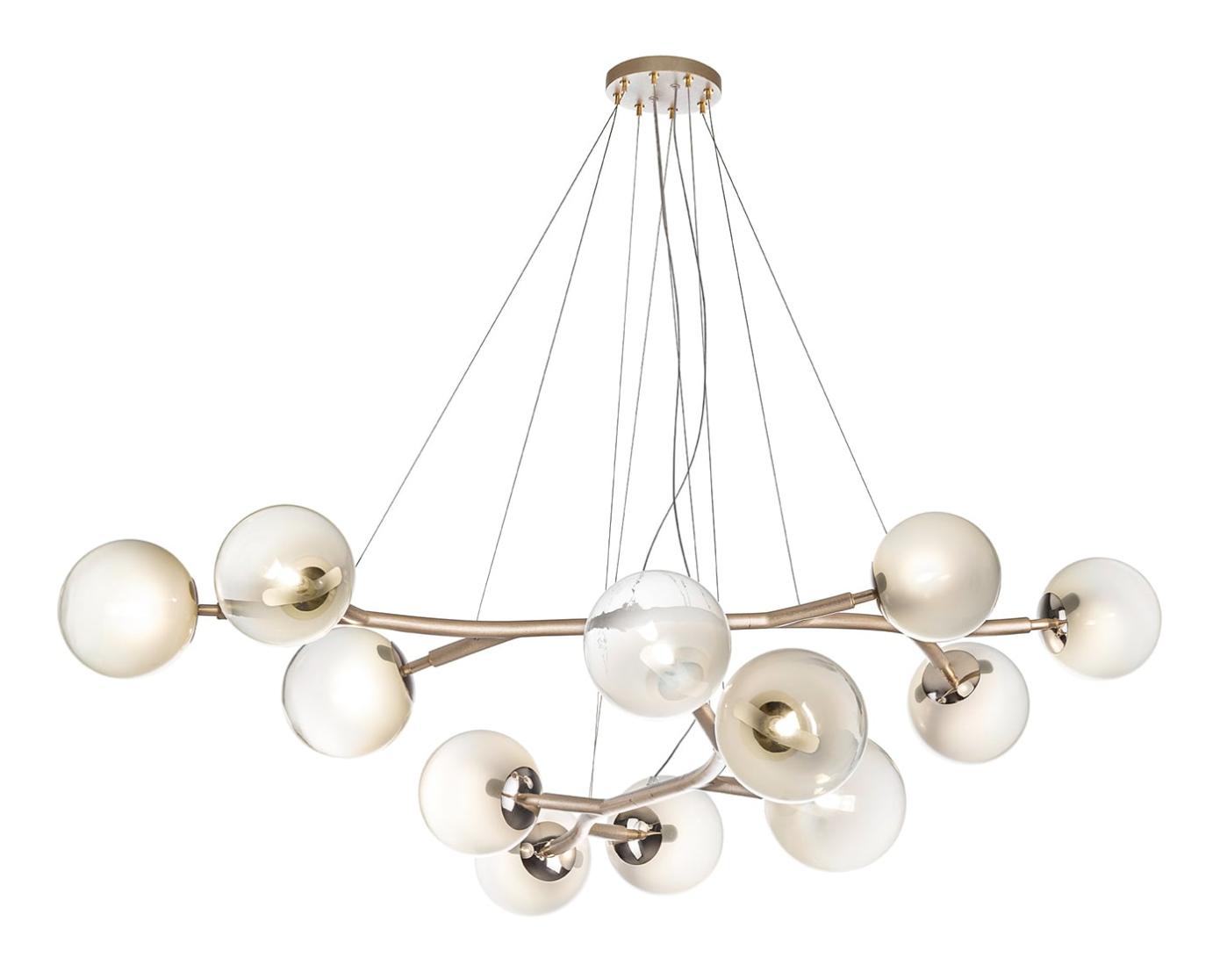 Lampadario in Ottone con Sfere Bianche