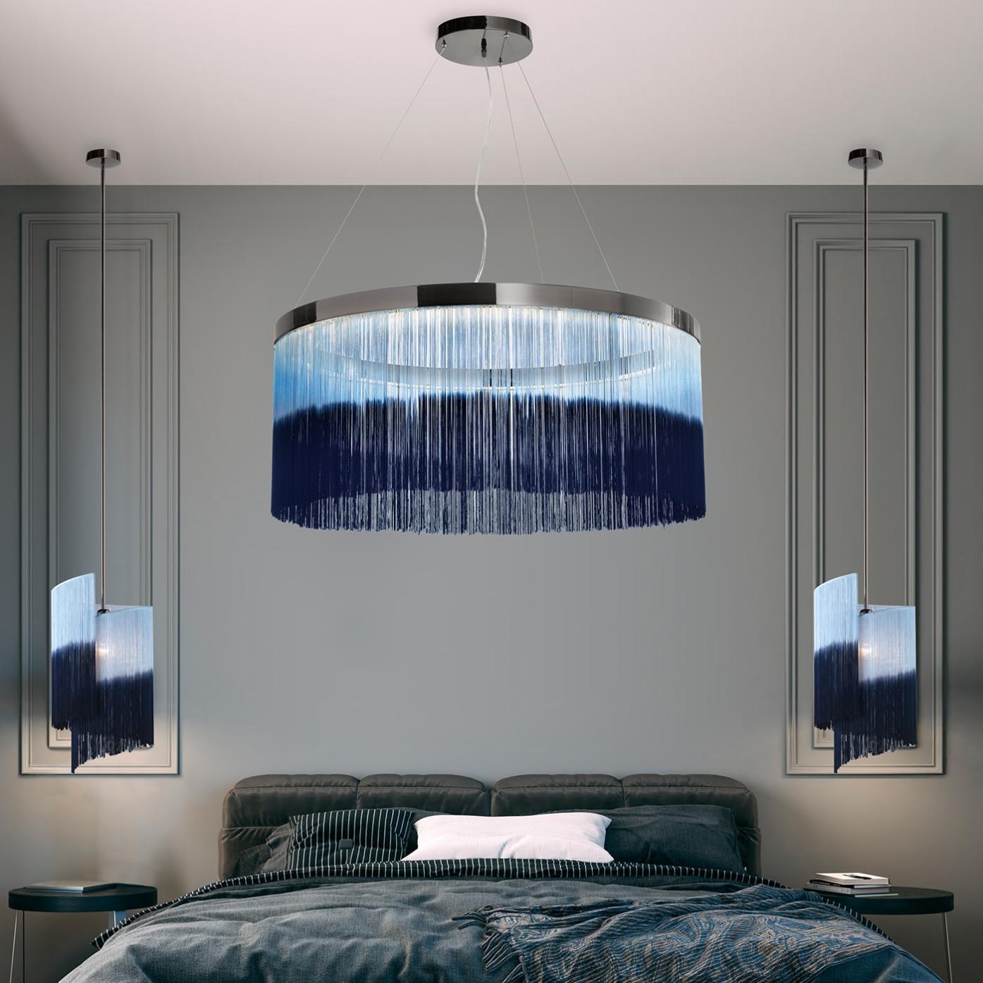 Lampadario ad Anello in Nichel Scuro con Frange Dipinte a Mano