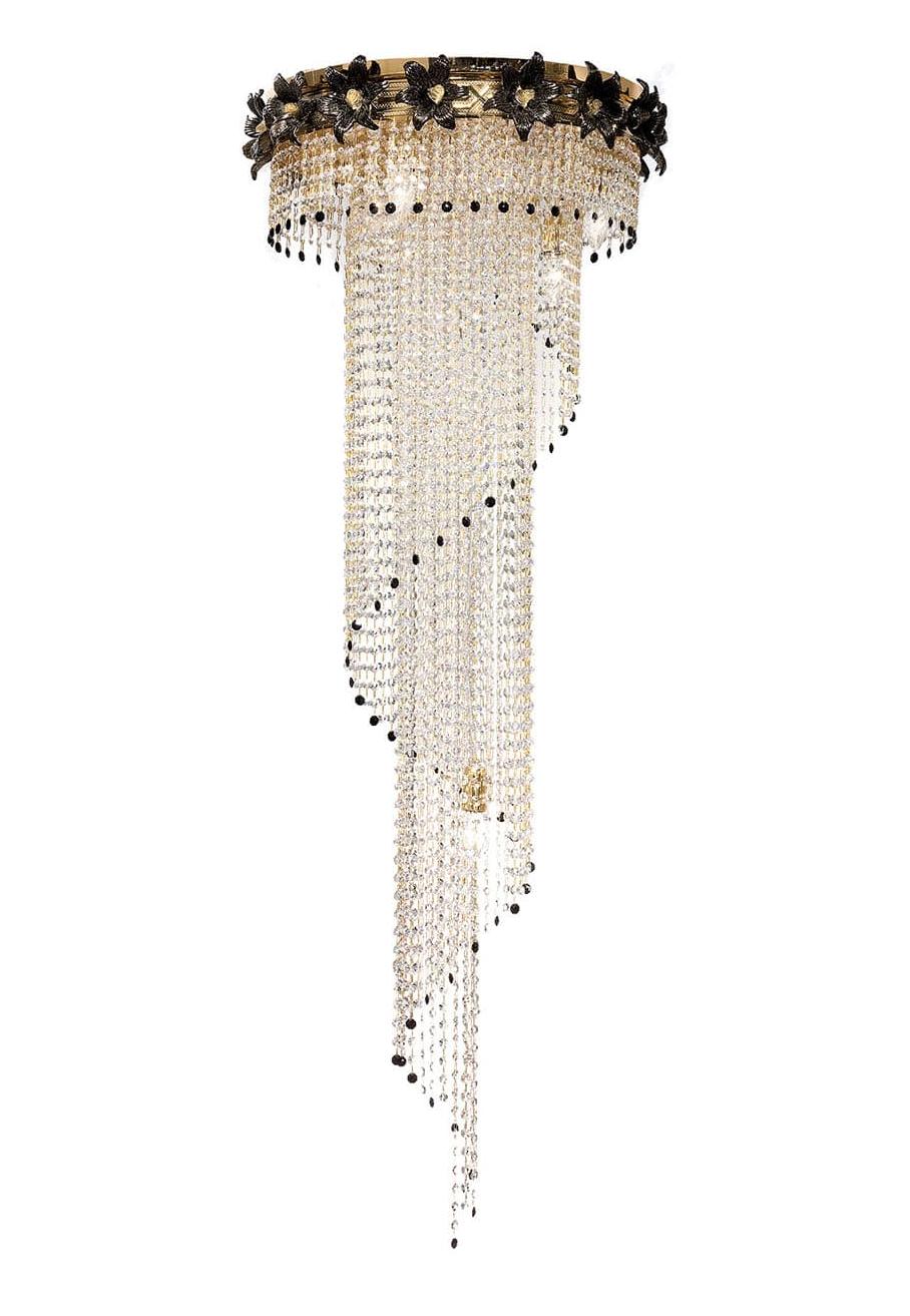 Lampadario a Cascata in Oro con Fiori in Vetro di Murano