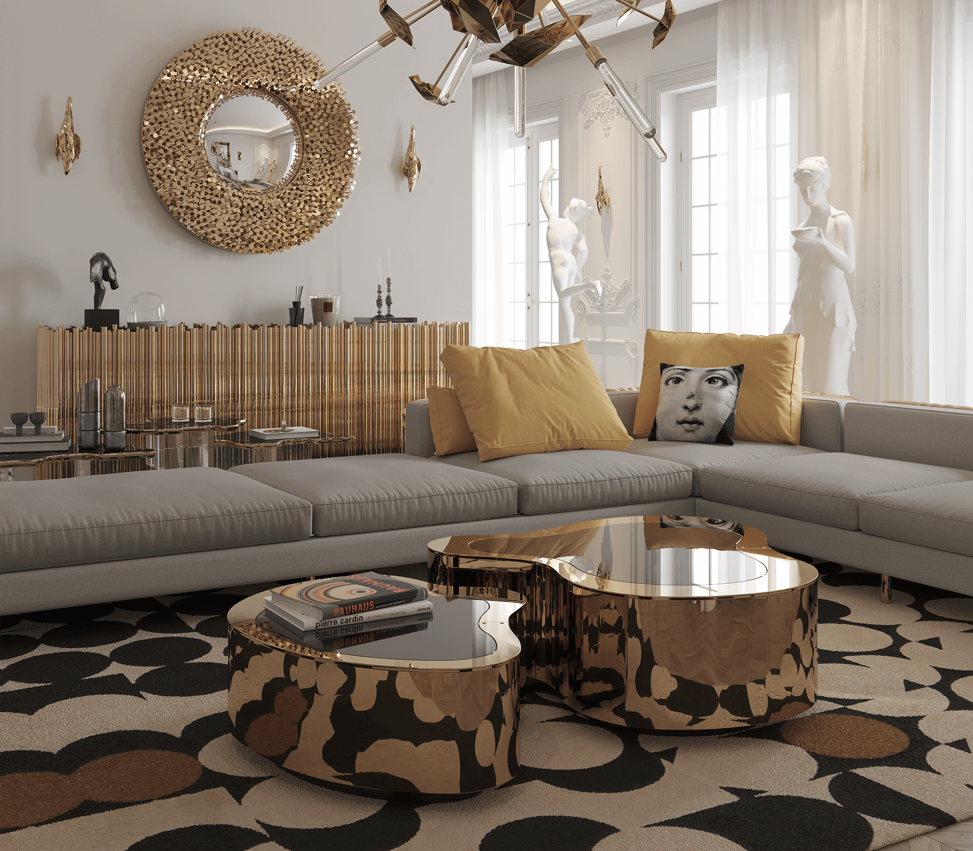 Set Tavolini da Caffè Crest in Ottone Lucido