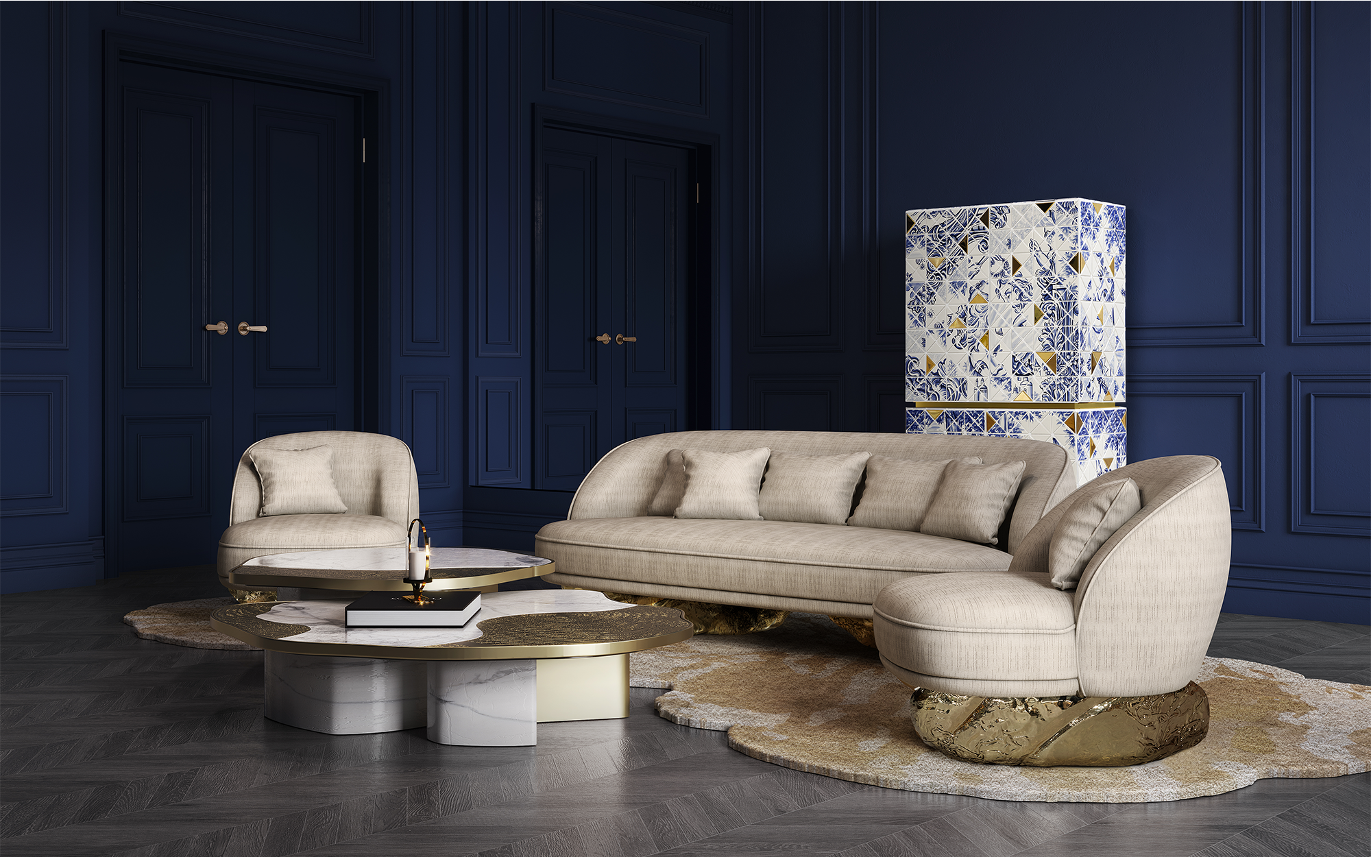 Set Tavoli Athena in Marmo Oro e Oro