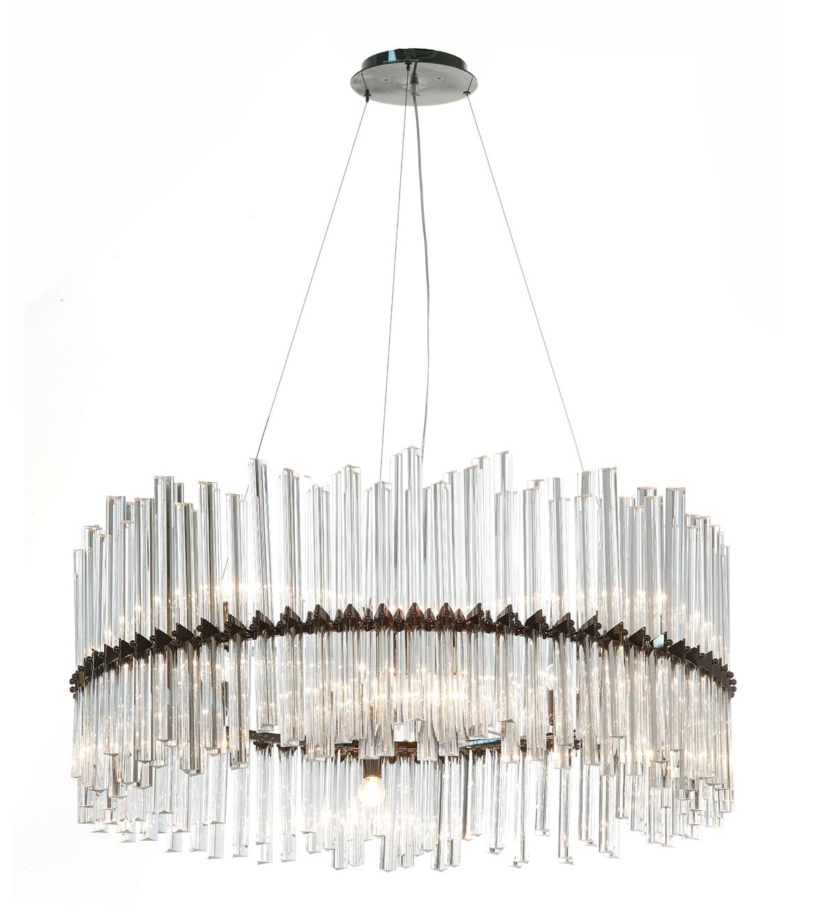 Lampadario Circolare in Triedri di Cristallo con Finitura Nichel Scuro