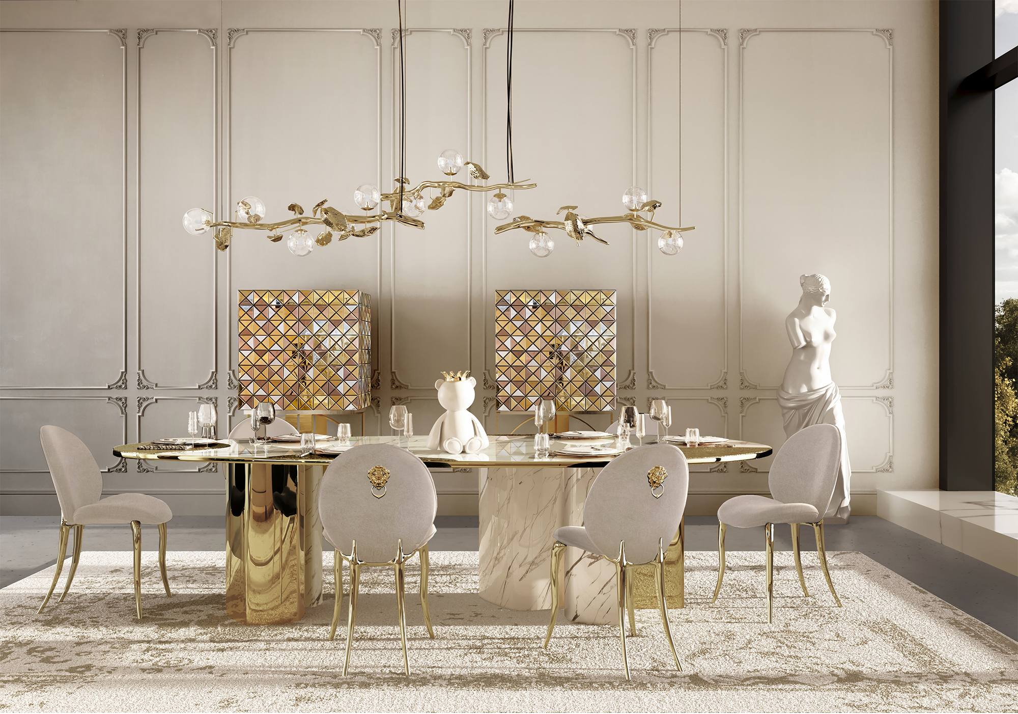 Tavolo da Pranzo Athena in Marmo Carrara e Oro