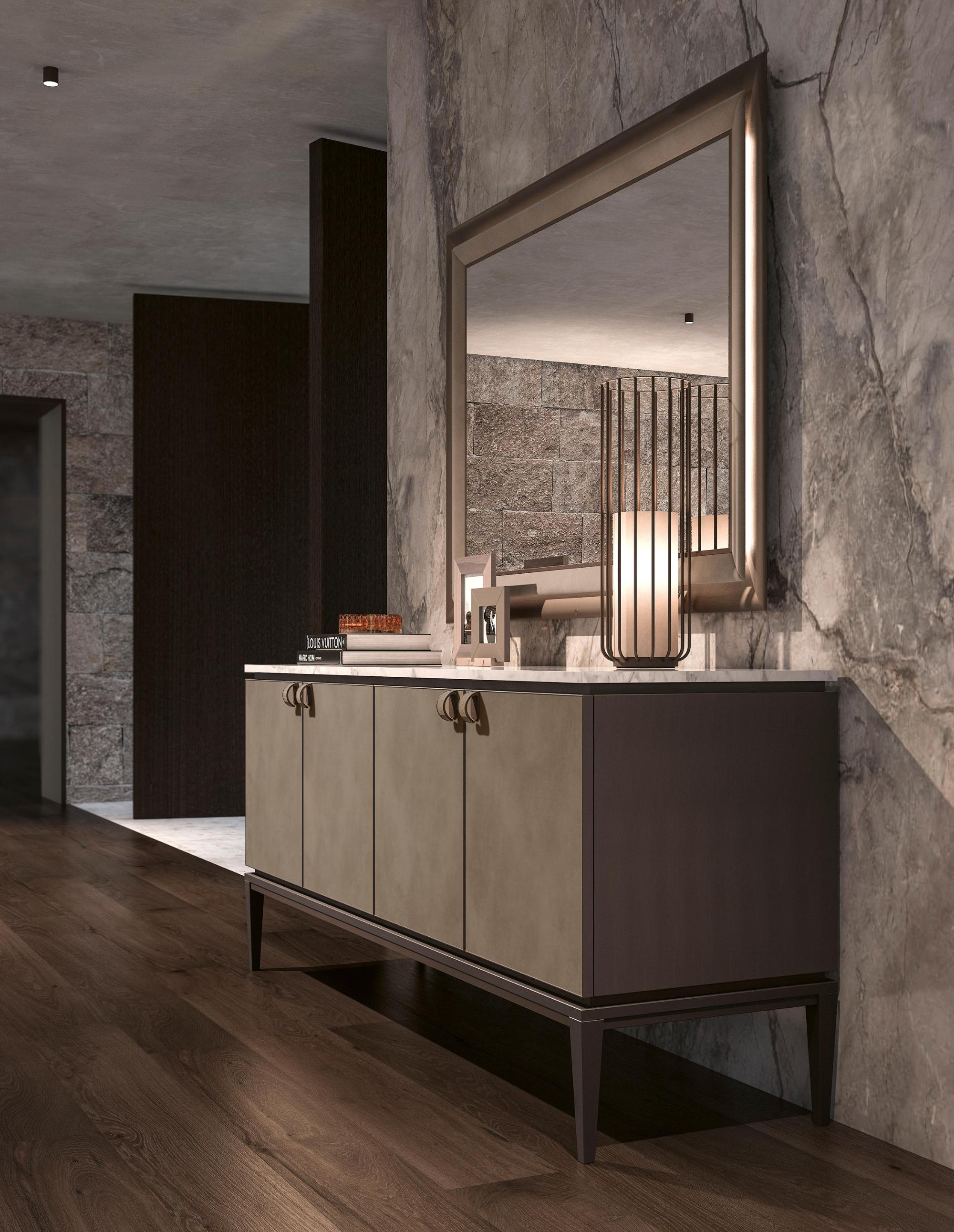 Credenza con Piano in Marmo e Ante in Pelle