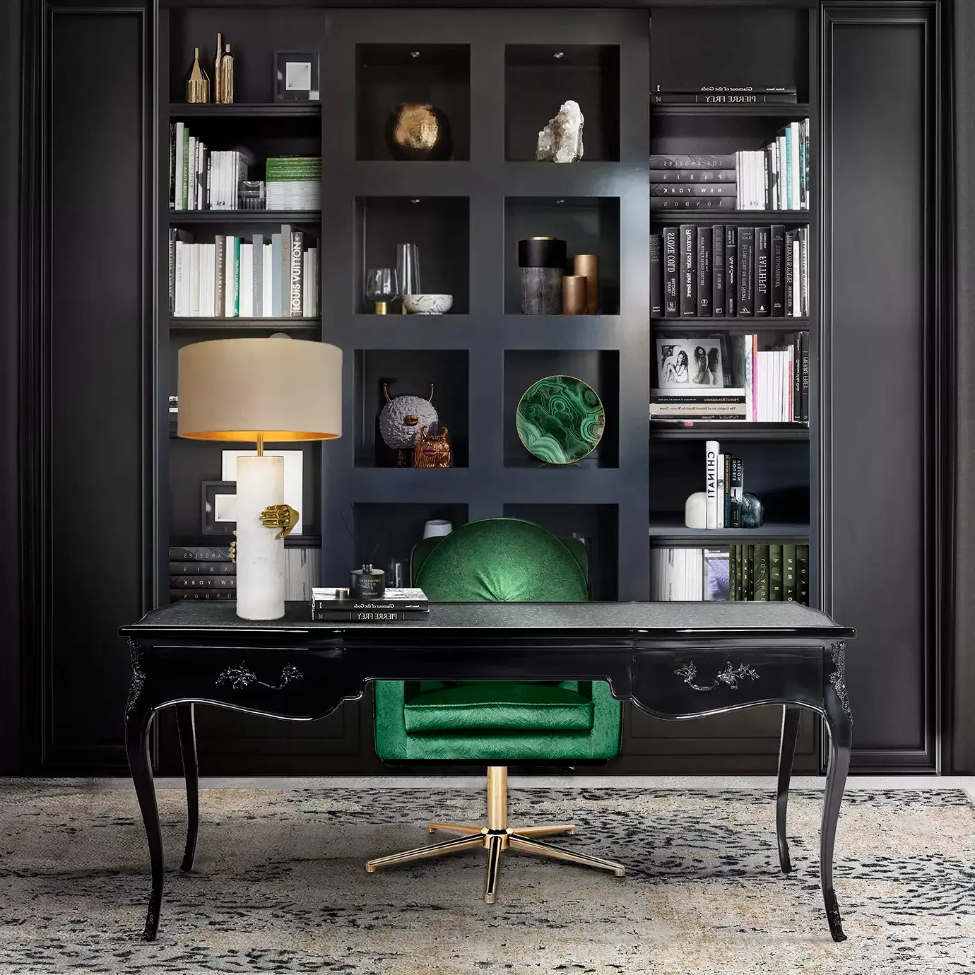 Exotic Scrivania Piume di Pavone e Bronzo Dorato