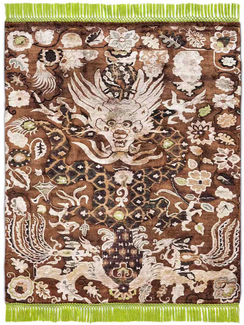 Tappeto Annodato Dragon Verde/Beige