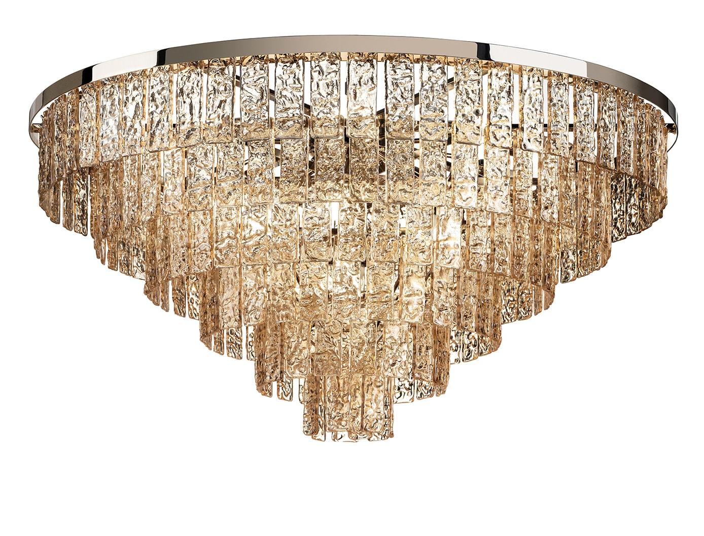 Lampadario Rotondo in Vetro Ambra con Finitura Oro