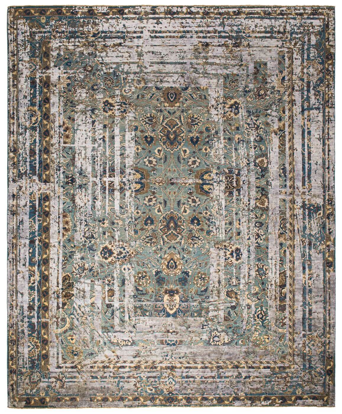 Tappeto Kirman Flower Frame Verde Grigio Scuro Seta