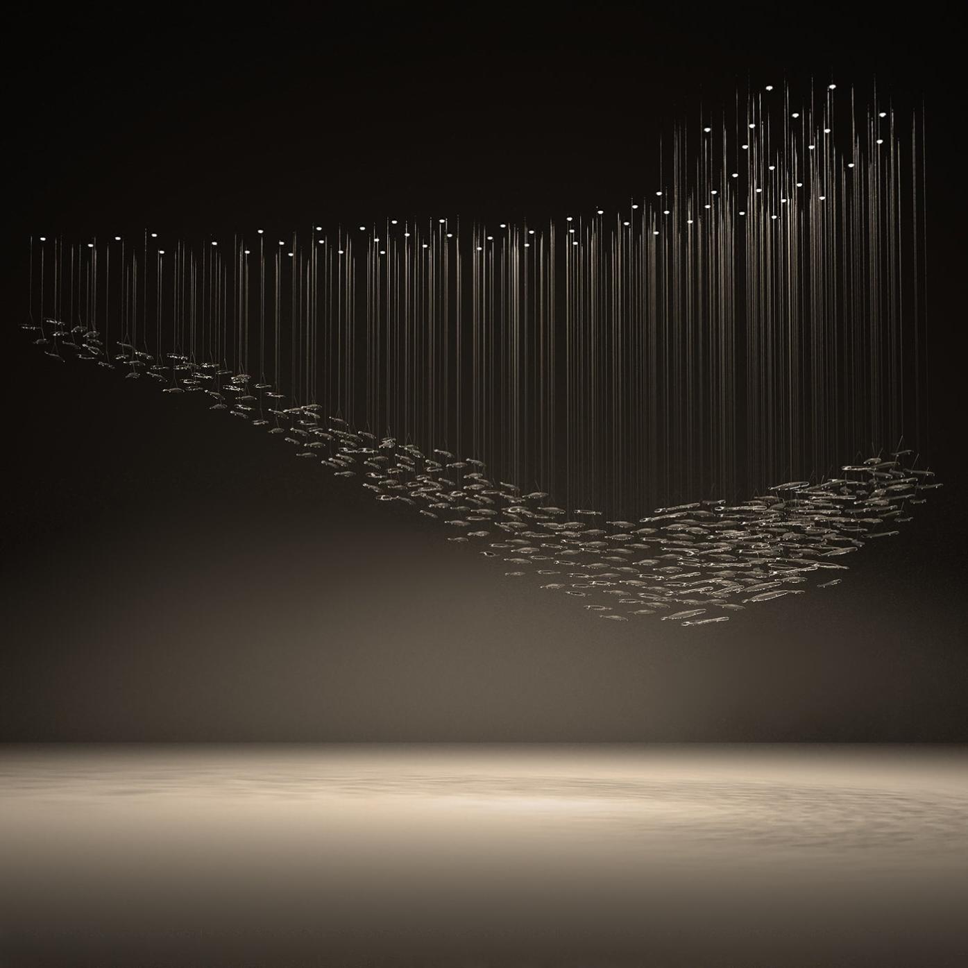 Lampadario a Cascata con Foglie in Vetro