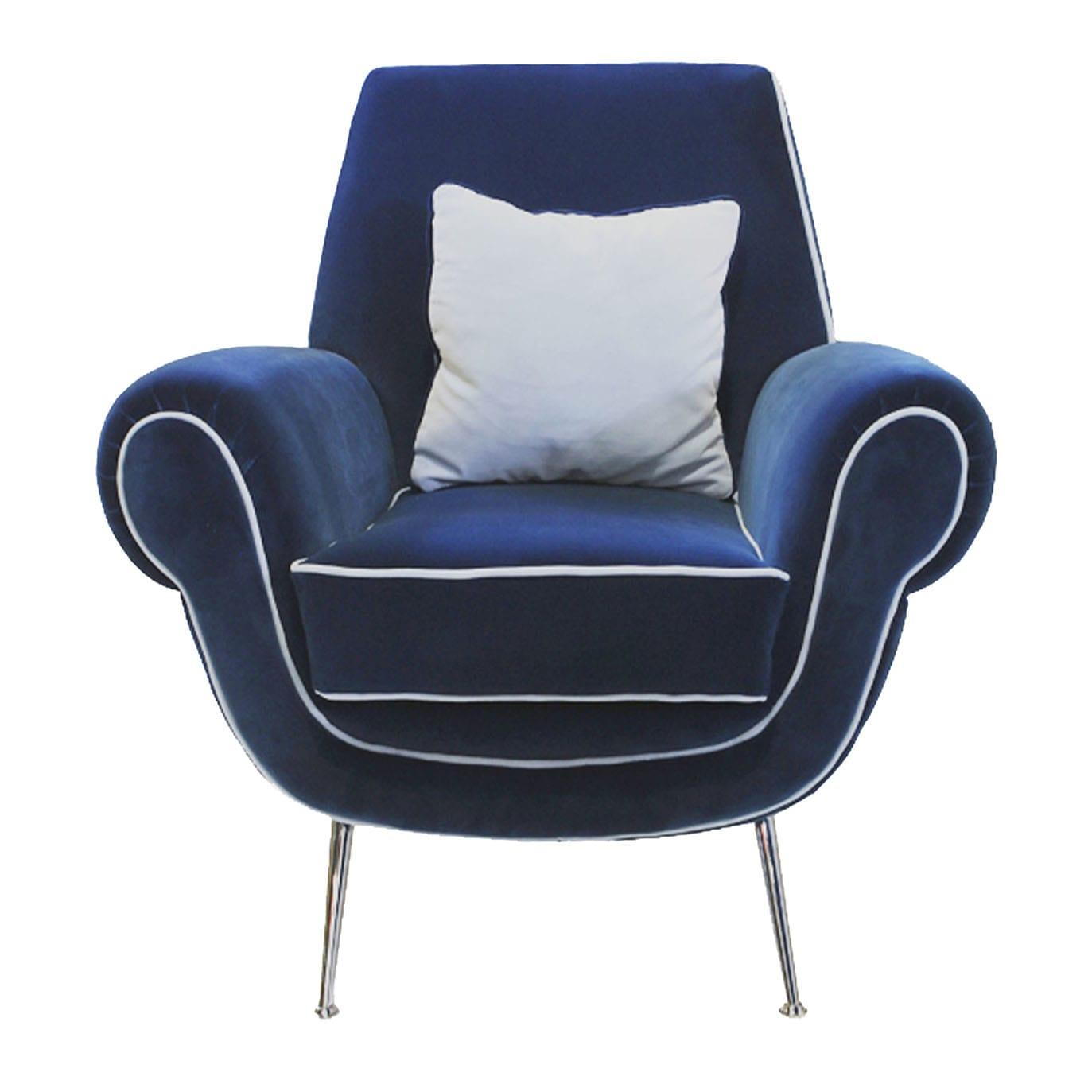 Poltrona in Velluto Blu con Base in Metallo