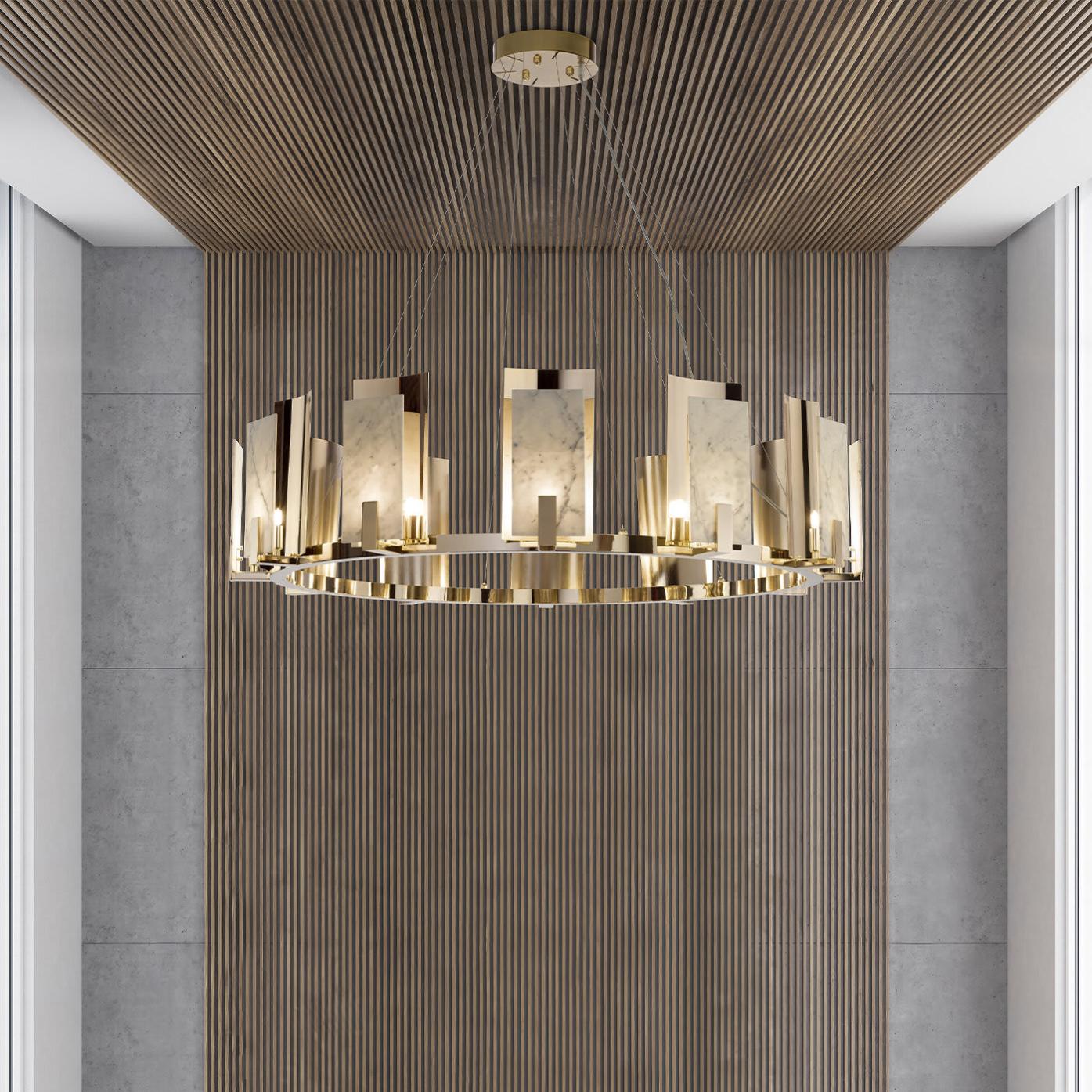 Lampadario Rotondo in Marmo di Carrara con Finitura Oro