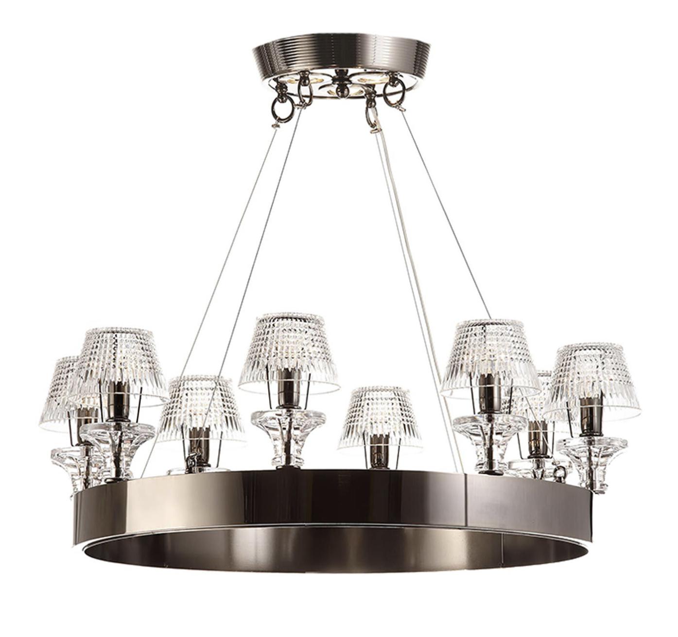 Lampadario in Nichel Nero con Paralumi in Cristallo