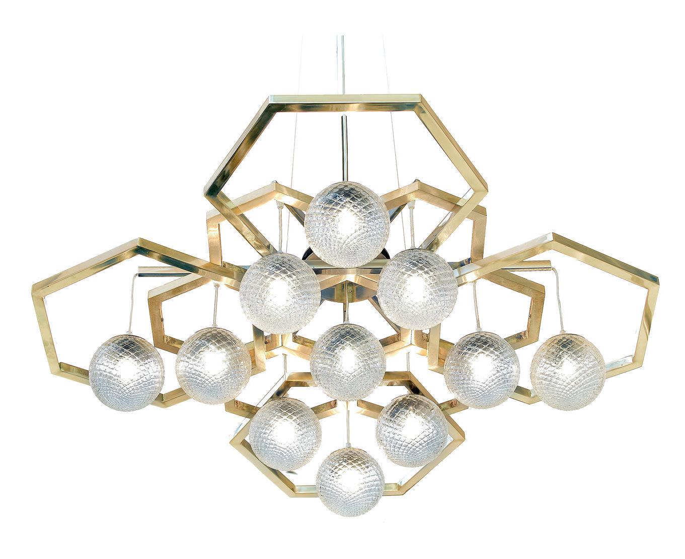 Lampadario Esagonale in Ottone con Vetro di Murano