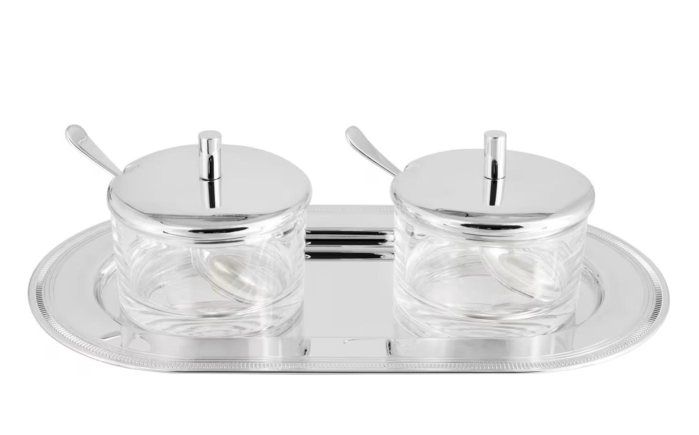 Set Duo Porta Marmellata Con Vassoio In Argento