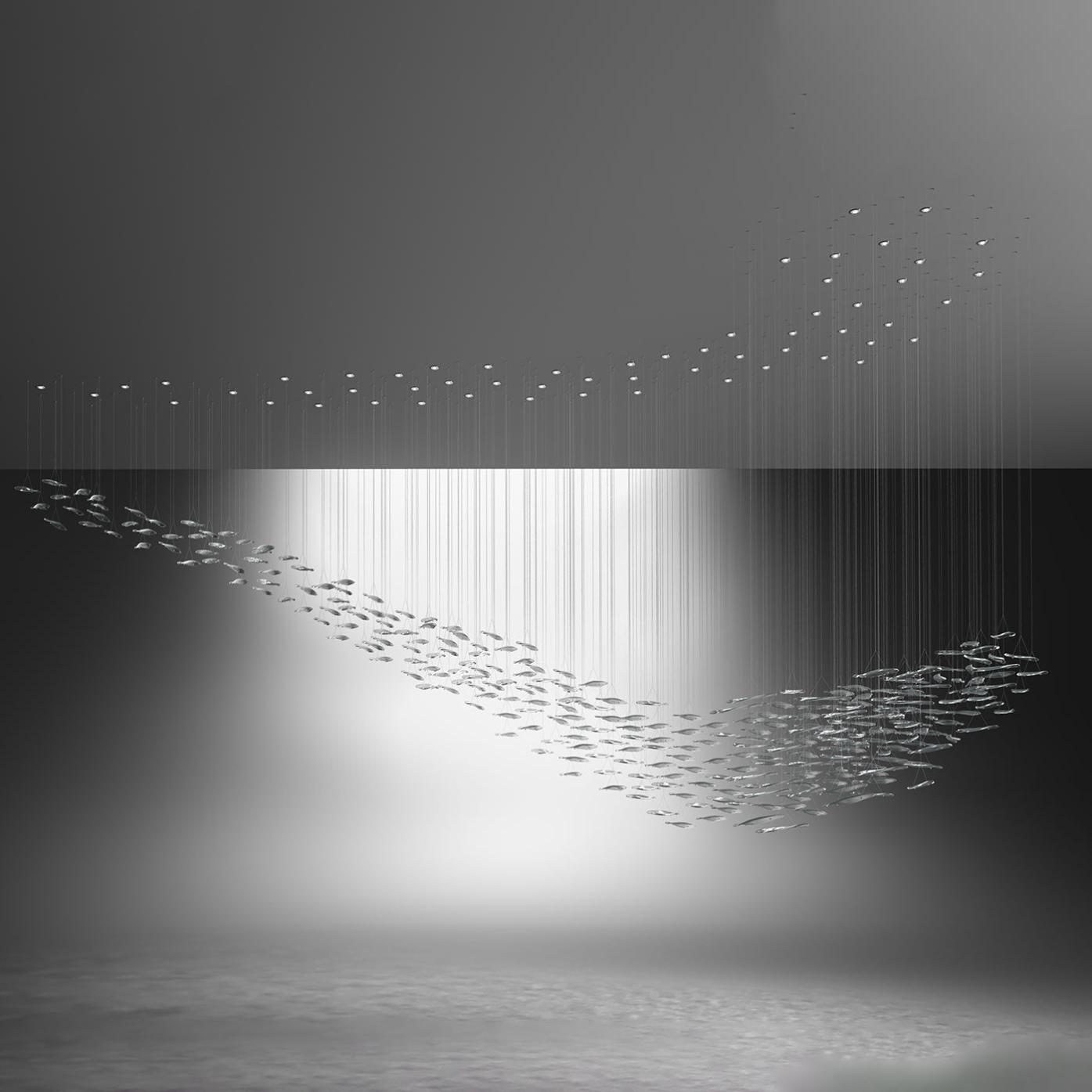 Lampadario a Cascata con Foglie in Vetro