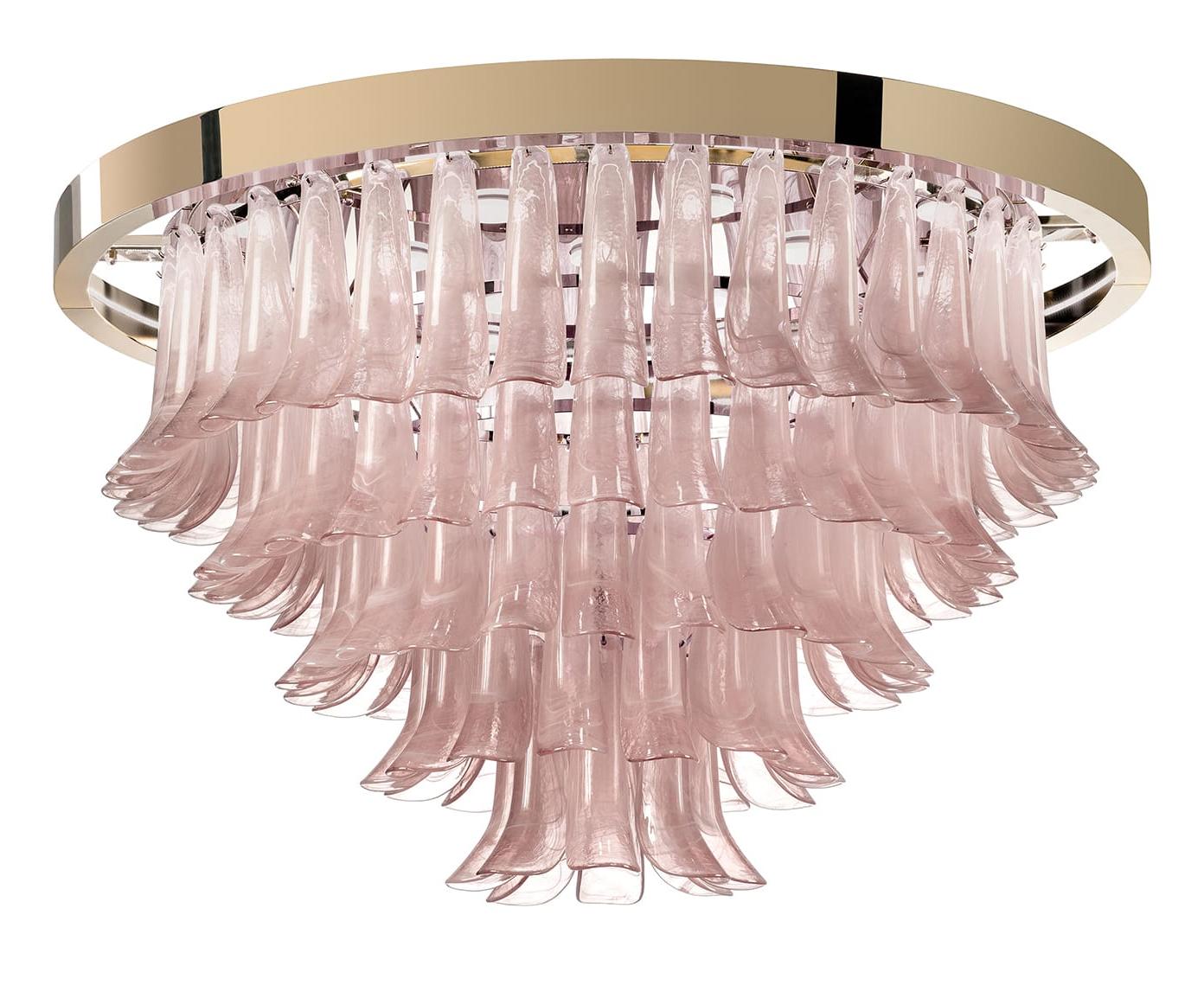 Lampadario con Foglie in Vetro Rosa
