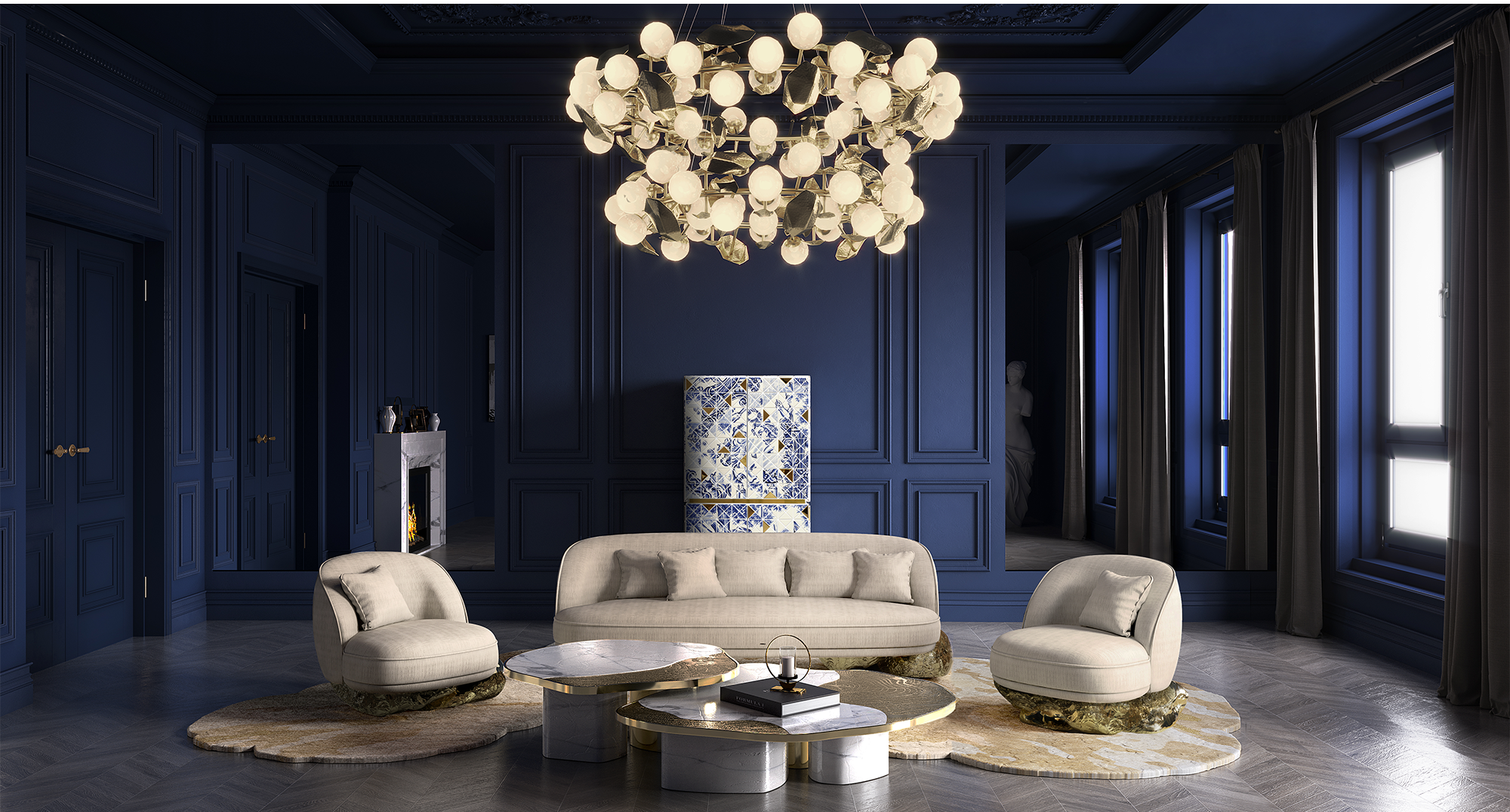 Set Tavoli Athena in Marmo Oro e Oro