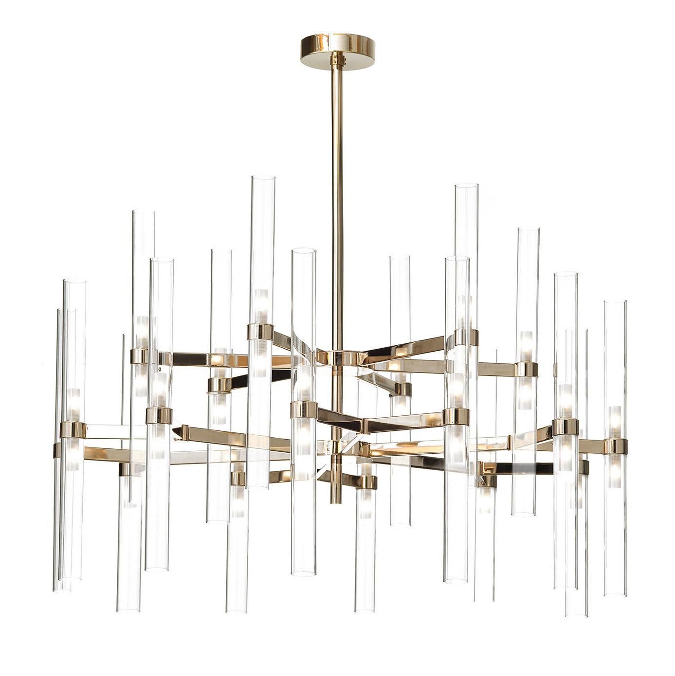 Lampadario a 36 Luci con Cilindri in Vetro con Finitura Oro Soft