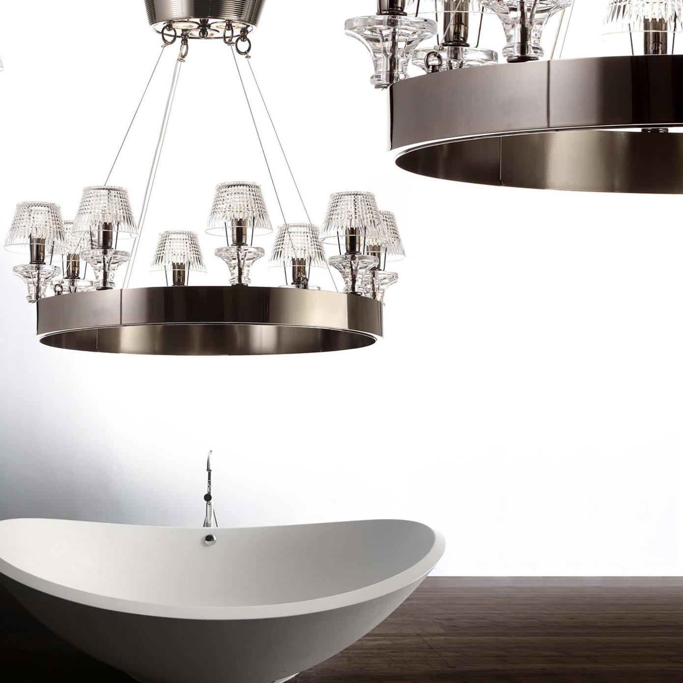 Lampadario in Nichel Nero con Paralumi in Cristallo