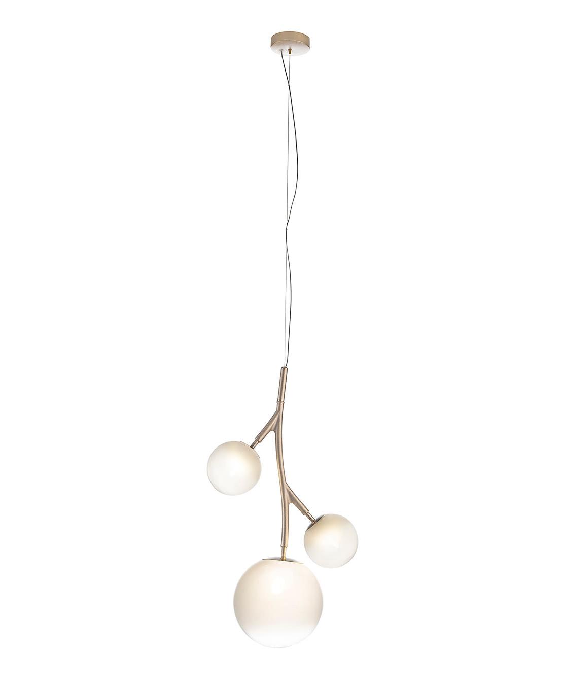 Lampadario in Ottone con Sfere in Vetro Bianco