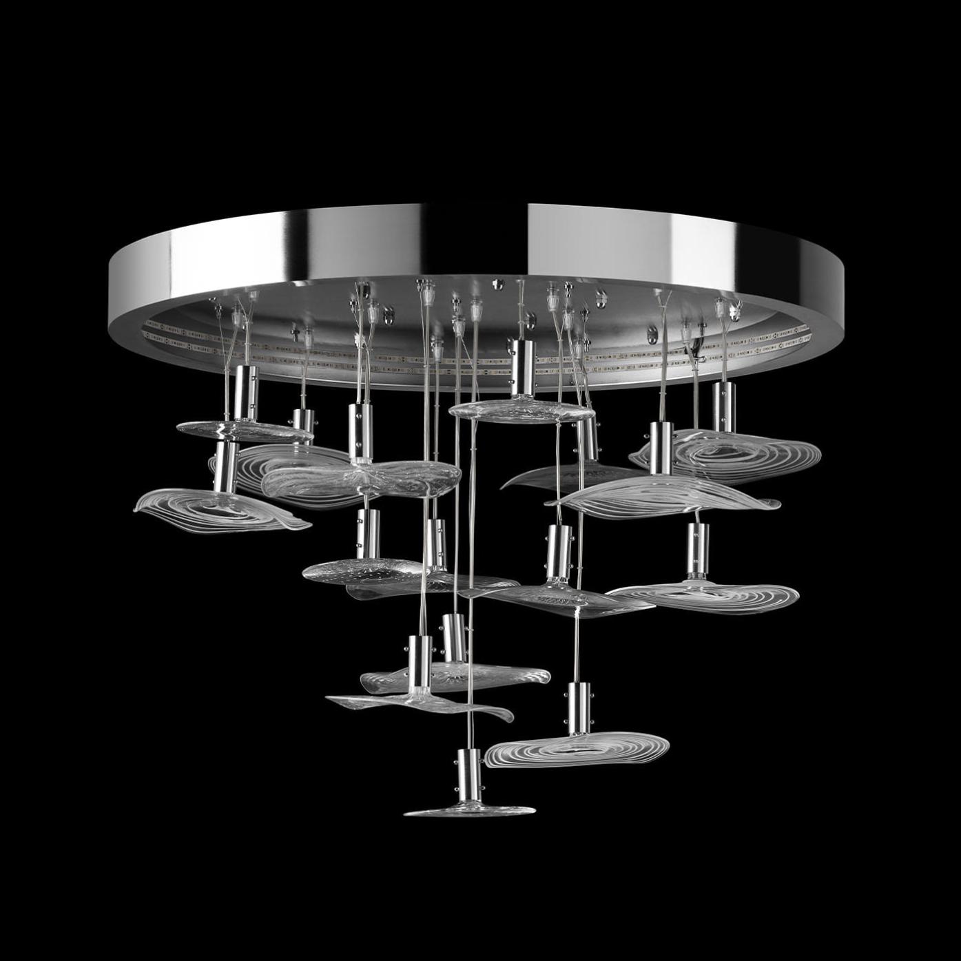 Lampadario Rotondo in Cromo con Vetro di Murano