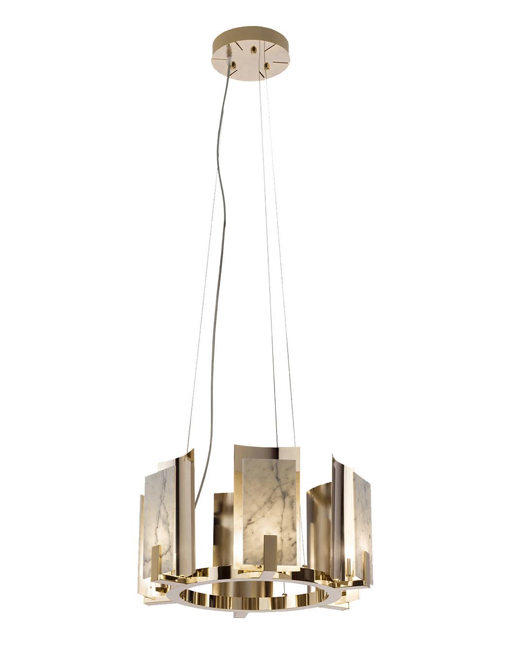 Lampadario Rotondo in Marmo di Carrara con Finitura Oro