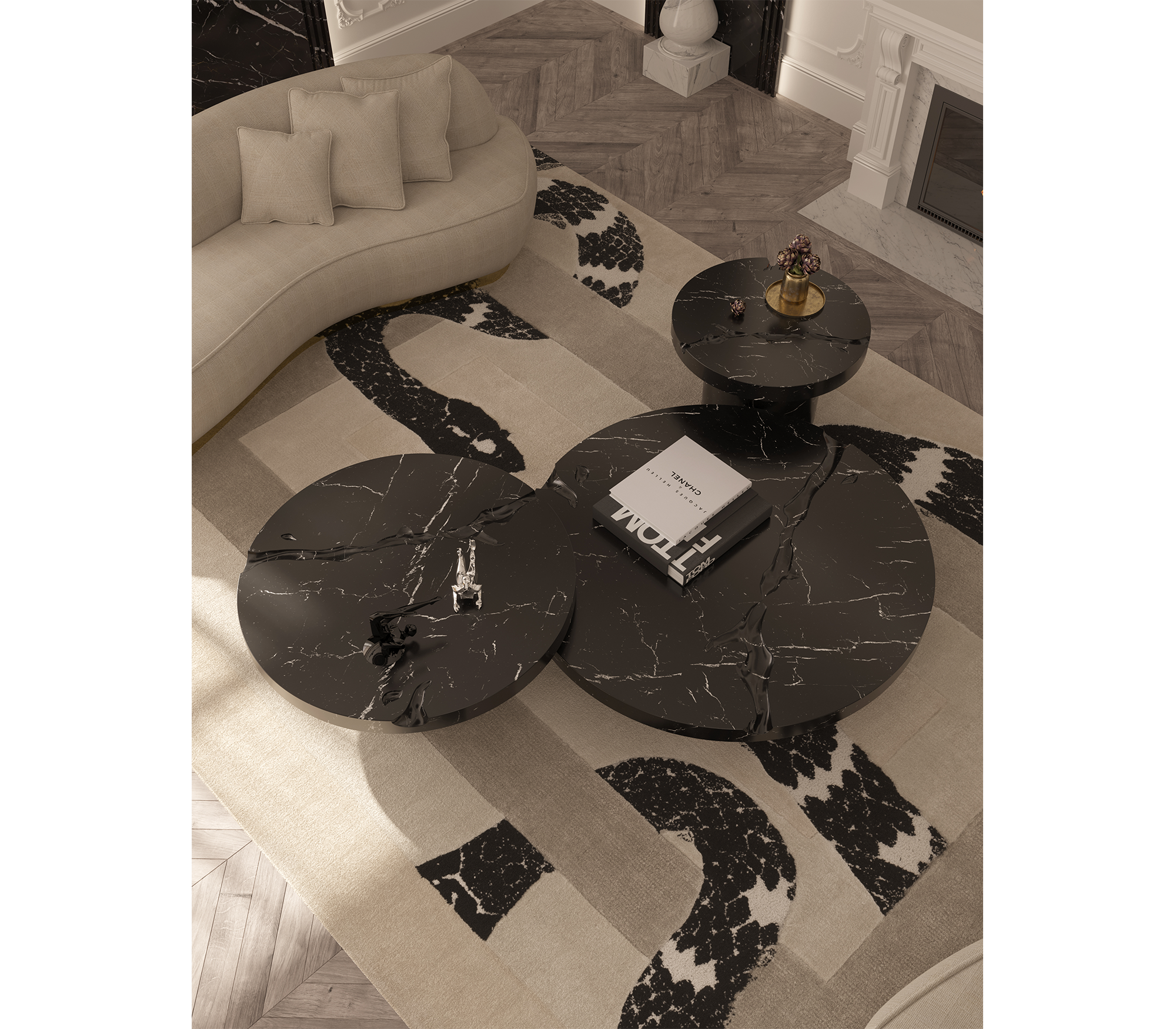 Set Tavolini Centrali in Marmo Nero Marquina Dominion (3 Pezzi)
