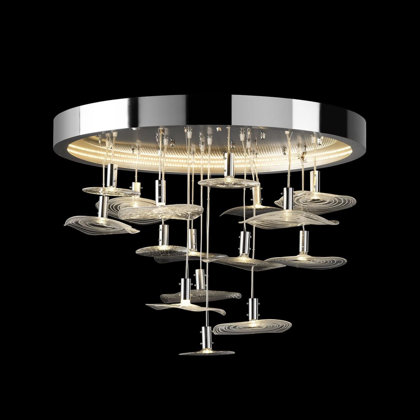 Lampadario Rotondo in Cromo con Vetro di Murano