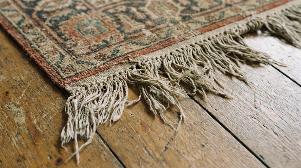 Frange consumate di un tappeto orientale antico su pavimento in legno