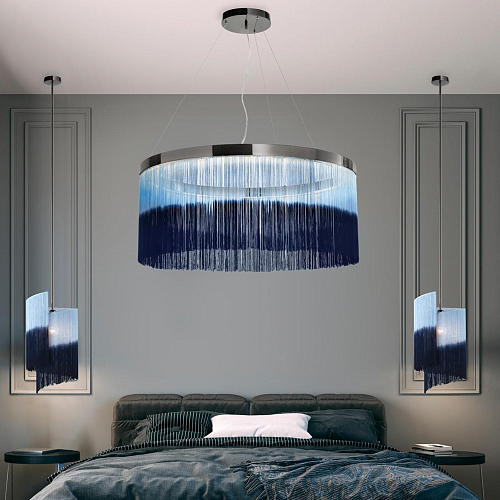 Lampadario ad Anello in Nichel Scuro con Frange Dipinte a Mano