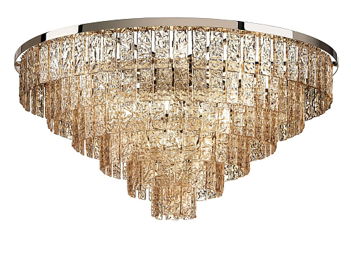 Lampadario Rotondo in Vetro Ambra con Finitura Oro