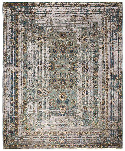 Tappeto Kirman Flower Frame Verde Grigio Scuro Seta