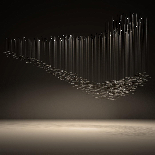 Lampadario a Cascata con Foglie in Vetro