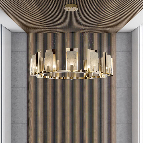 Lampadario Rotondo in Marmo di Carrara con Finitura Oro