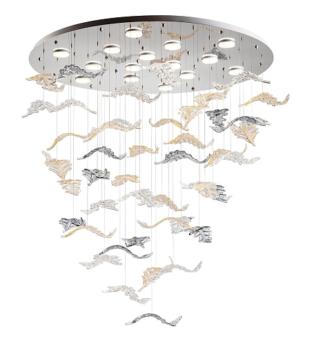 Lampadario con Foglie in Vetro di Murano e Riflettore in Acciaio Inox