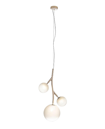 Lampadario in Ottone con Sfere in Vetro Bianco